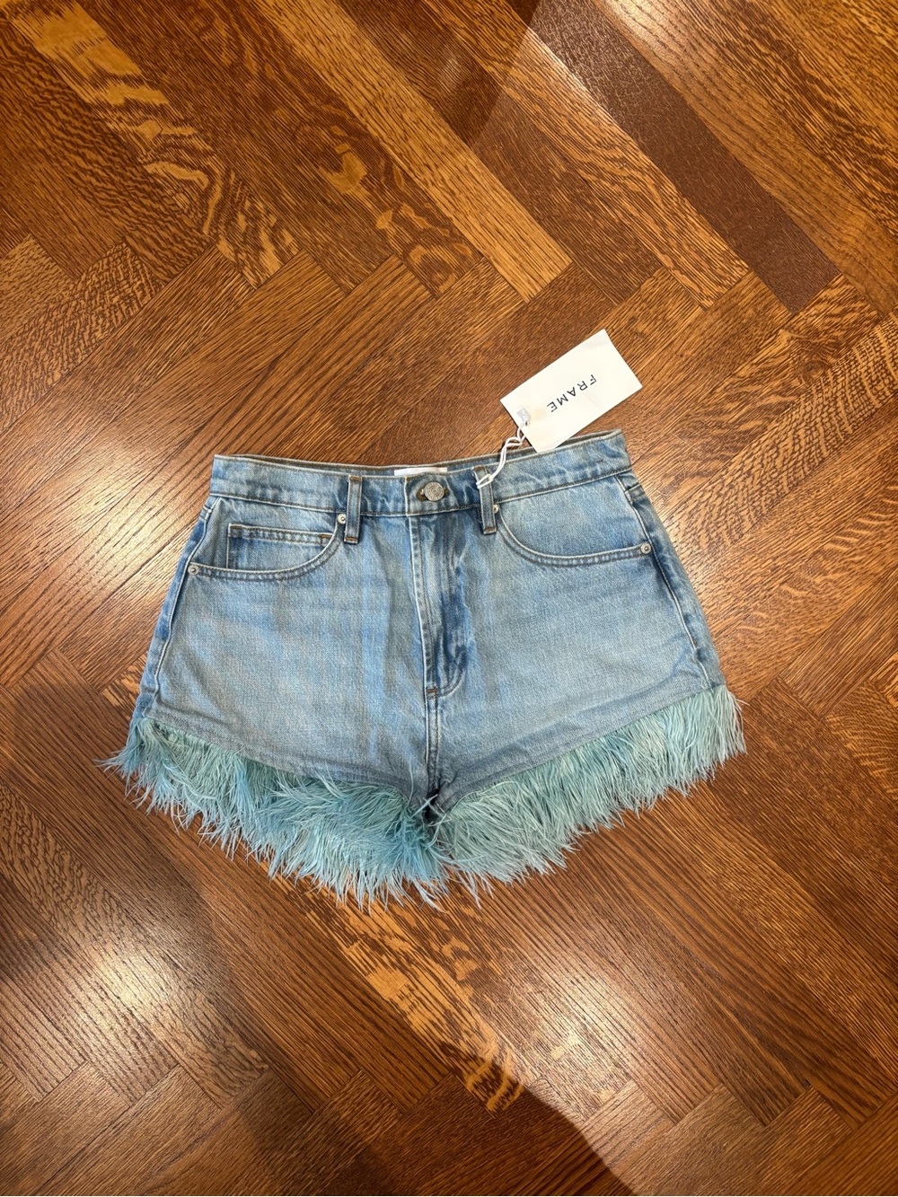 Frame Denim Light Blue Denim Shorts with Aqua Feather Hem